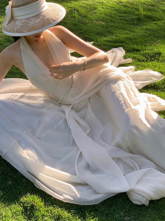 Xiaoli Beauty God Comes to Tyndall Effect Spring and Summer Gentle Style Slim Sleeveless V-Neck Halter Neck Long Dress