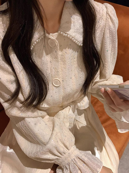 GUOGUOWOMEN Guoguojia puff sleeves temperament tie waist pearl collar chiffon dress women's new trend 1113