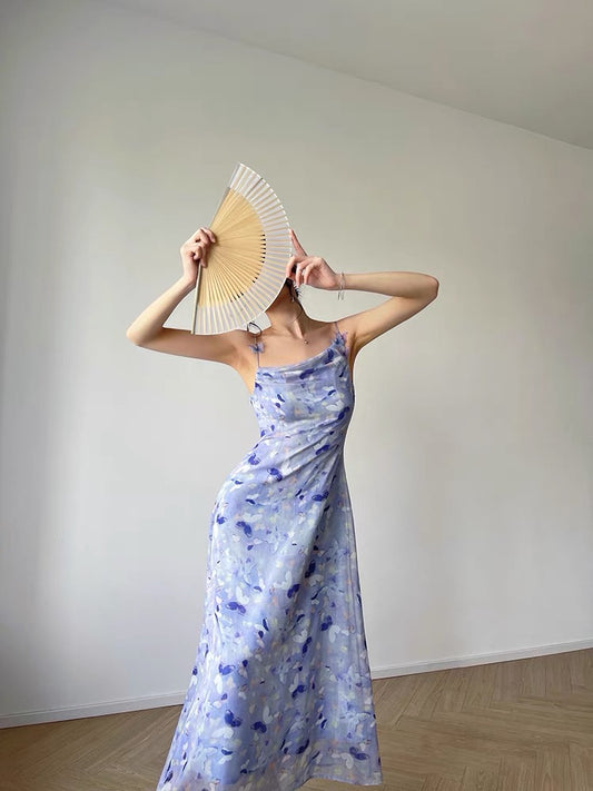 Aconiconi｜Butterfly between flowers French romantic high-end slim-fit temperament print design sense niche suspender skirt