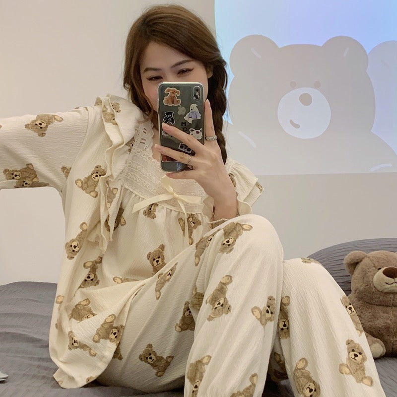 2022 new cartoon brown bear spring and autumn summer long-sleeved pajamas women's cotton gauze can wear princess wind suit