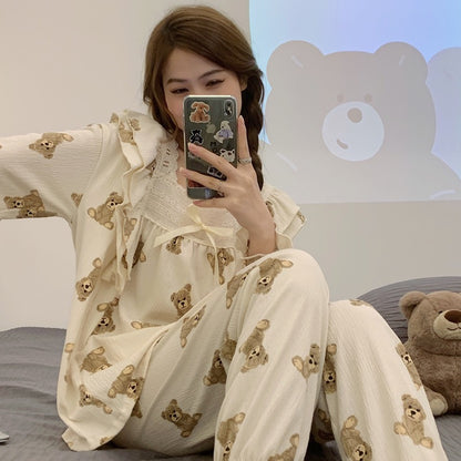 2022 new cartoon brown bear spring and autumn summer long-sleeved pajamas women's cotton gauze can wear princess wind suit