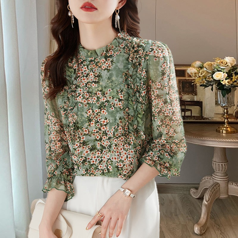 Summer floral chiffon shirt women 2023 spring and summer new beautiful small shirt women's high-end western style high-end tops
