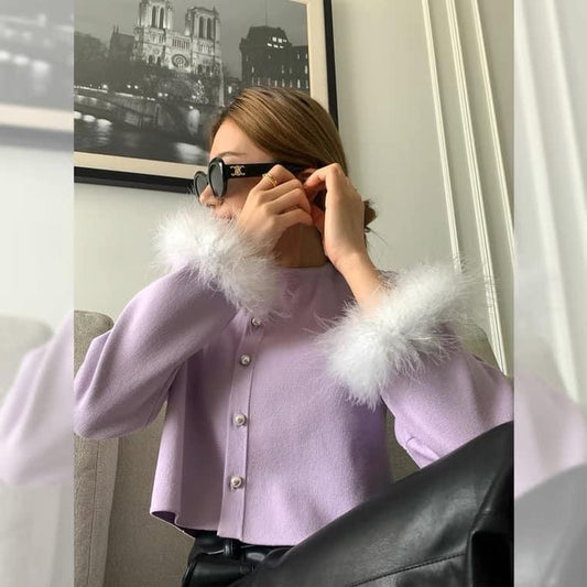 Blue knitted cardigan sweater women's autumn and winter 2022 new Korean design sense chic and beautiful short fur coat