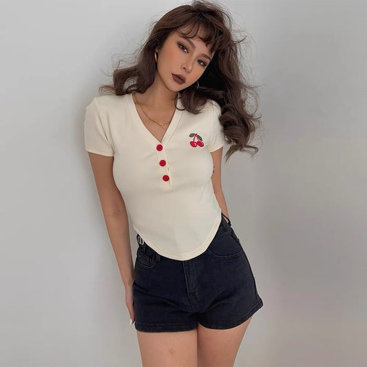American retro cherry embroidery v-neck short-sleeved t slim fit hot girl short top T-shirt summer out of the street single product bm