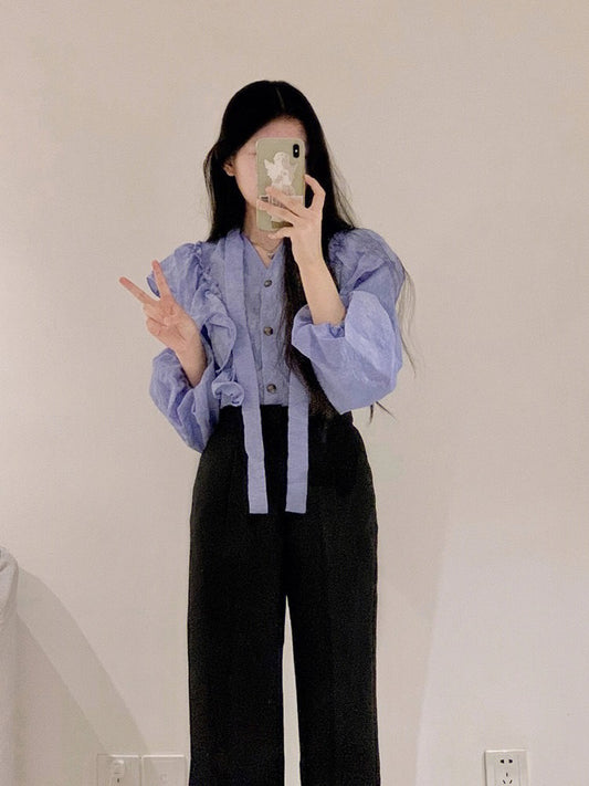 French top design sense niche women's long-sleeved purple white tie with lotus leaf edge shirt spring unique chic small shirt