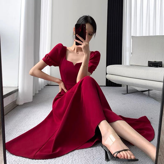 Guoge custom red dress female 2022 summer new square collar retro waist slim puff sleeve engagement dress