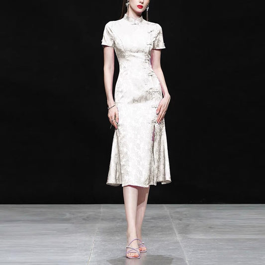 2022 new summer dress women's temperament slim fishtail cheongsam white waist slim long skirt dress women