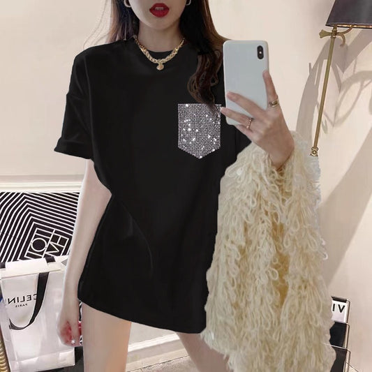 2023 new summer dress black t-shirt women hot diamond big love loose pure mid-length round neck short-sleeved top ins tide