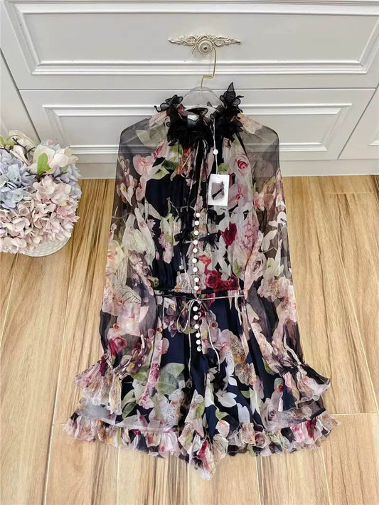 2022 summer new women's jumpsuits Australian niche French custom neckline three-dimensional flower stamen wide-leg shorts