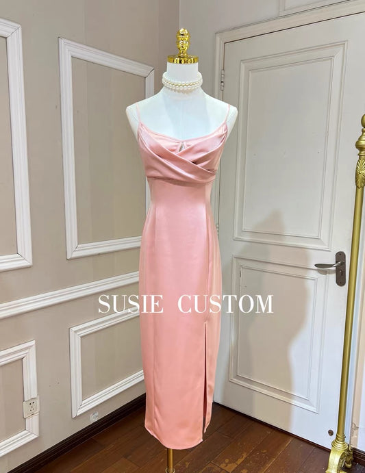 High-definition temperament model shows the figure satin smooth fabric pleated tube top slim fit waist bag hip slit suspender long skirt