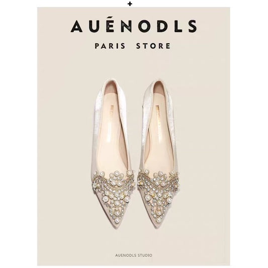 AUENODLS French nude apricot pearl pointed high-heeled thick-heeled shoes with skirt flat wedding shoes main wedding dress girl