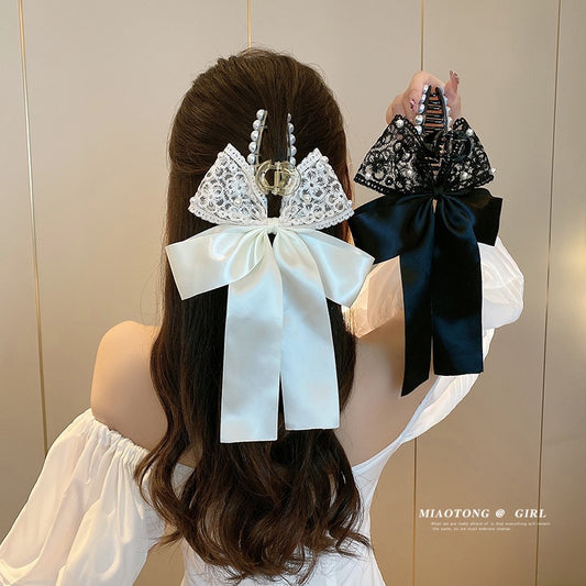 Temperament black bow headdress hair clip female head elegant clip large high-end summer shark clip