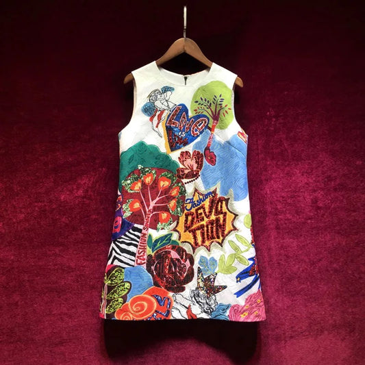 Europe and the United States 2022 summer new retro cartoon letter printing heavy work diamond A-line skirt loose and thin dress