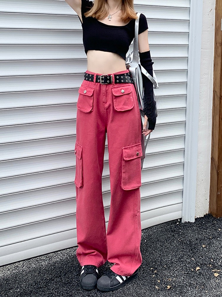 Tooling jeans spring 2023 new fashion high waist pocket design sense straight hot girl trousers ins female tide