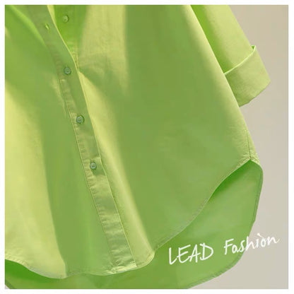 Fruit green letter embroidery mid-length cotton and linen shirt women 2023 spring candy color BF wind shirt sun protection cardigan