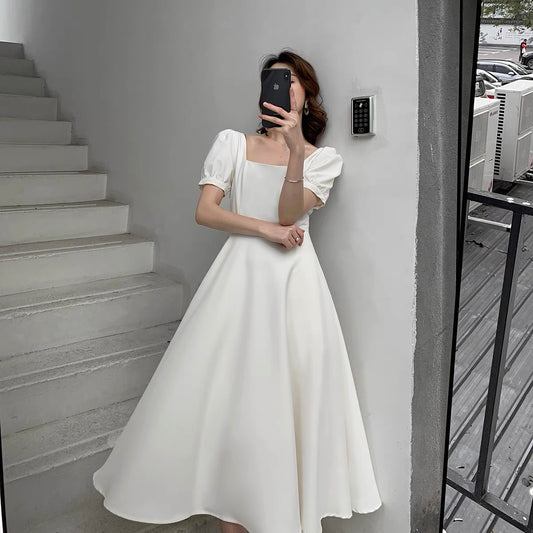FT GUOGE white dress female 2022 summer new square collar French retro puff sleeve collar certificate small white dress
