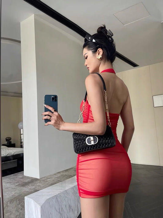 Well also black mesh halter neck suspender dress female summer thin slim waist sexy exposed backpack hip skirt