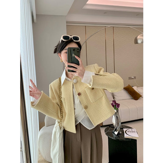 MUKOK wool small fragrance short jacket female 2023 spring new solid color temperament fashion all-match small top