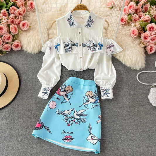 Fashion suit women's spring and autumn new European and American high-end long-sleeved off-shoulder shirt two-piece set high waist bag hip skirt