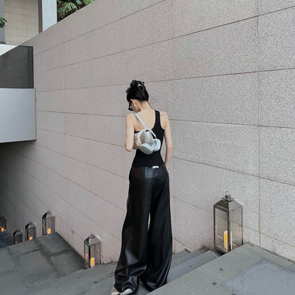 FBB limit optimized head and body than fashionable leather pants women look thinner split line live pleat design wide-leg pants versatile