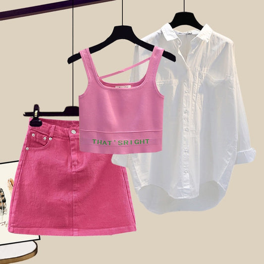 Summer new sweet and spicy small suit female hot girl wearing pink vest shirt skirt net red fried street three-piece suit