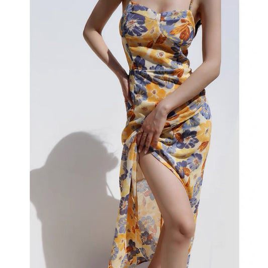 French retro elegant slim lace-up dress sexy side slit waist slim sling long skirt tea break skirt