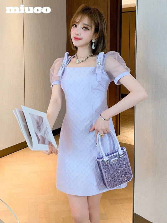 miuco retro see-through yarn stitching puff sleeve rhombus jacquard square collar diamond dress female 2022 Xia Xin