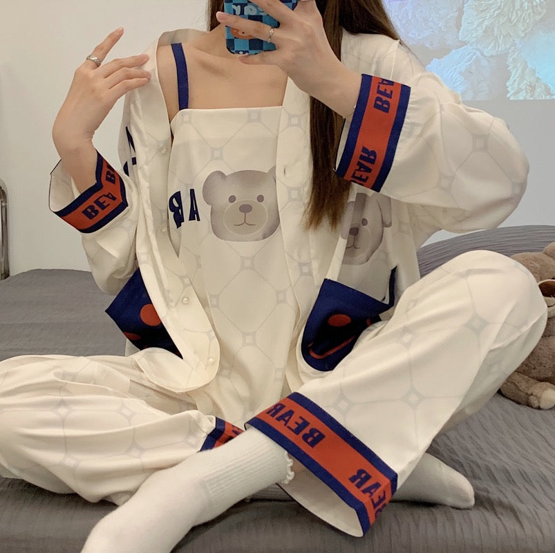 Spring, autumn and summer ice silk three-piece pajamas women's long-sleeved 2022 new cute bear suspender home service suit