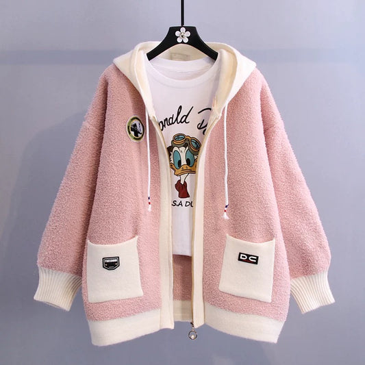Lamb velvet New Year sweater coat women's 2022 new loose outer wear thickened lazy wind hooded knitted cardigan