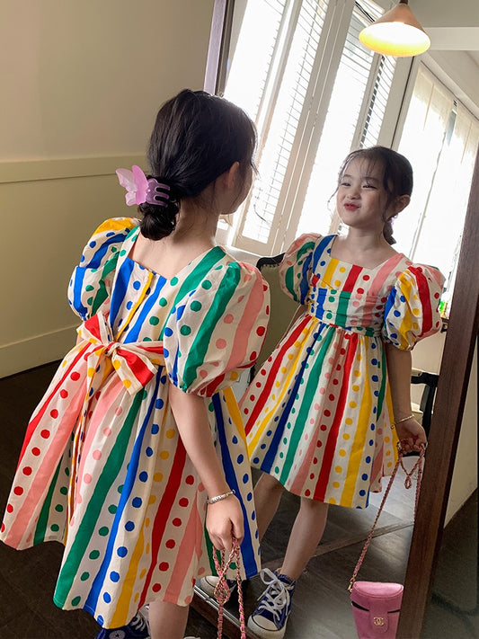 Original girl children's fun wave dot rainbow dress 2023 summer new children's puff sleeve baby princess skirt