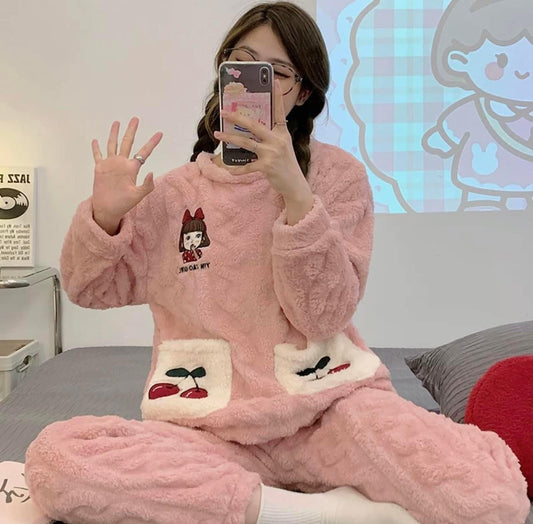 2022 new coral fleece pajamas women's autumn and winter thickened cute cartoon flannel home clothes casual suit winter