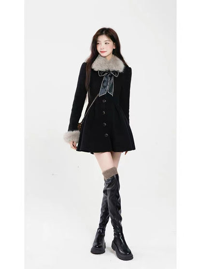 Aunt Barbie Christmas Wool Dress Women Autumn and Winter Chinese New Year Thickened Fur Collar New Year Bow Knot Pleated Suit Skirt