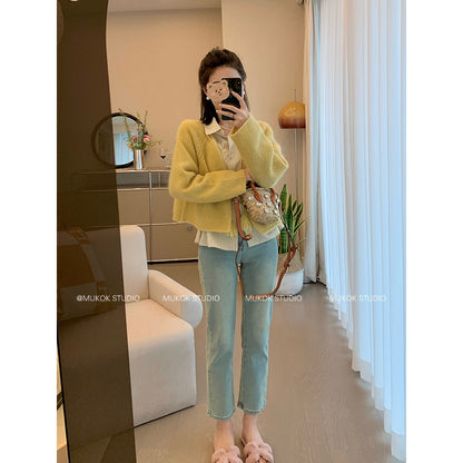 MUKOK retro blue nine-point jeans women's 2023 spring new small slim tall waist straight cigarette pipe pants