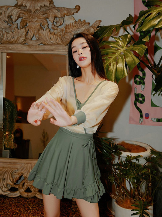Yimeishan One-Piece Swimsuit Women Slim Thin Cover Belly Conservative Dress Long Sleeves 2022 New Hot Spring Swimsuit