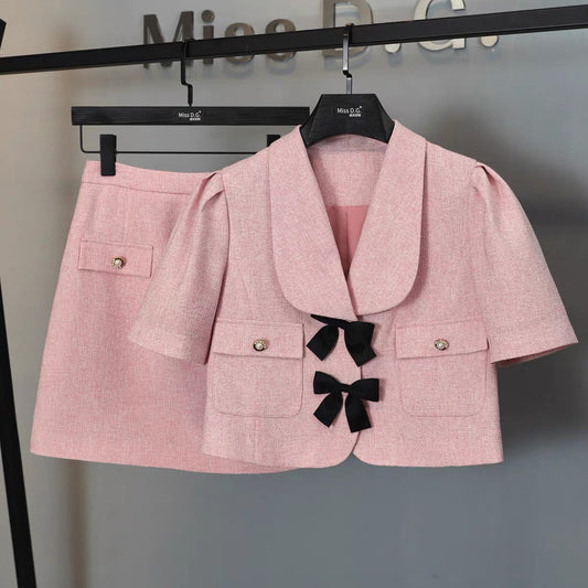 Miss DG small fragrance suit women's summer fashion age-reducing doll collar short coat slim skirt two-piece set