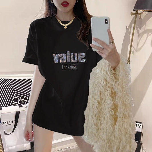 2023 new summer dress black t-shirt women hot diamond big love loose pure mid-length round neck short-sleeved top ins tide