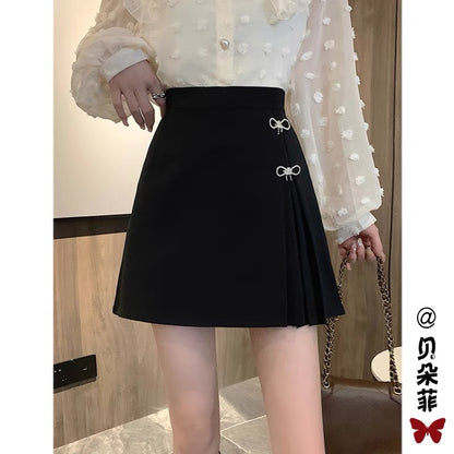 Black suit skirt women's autumn 2022 new high waist a-line pleated skirt small person slim wrap hip skirt