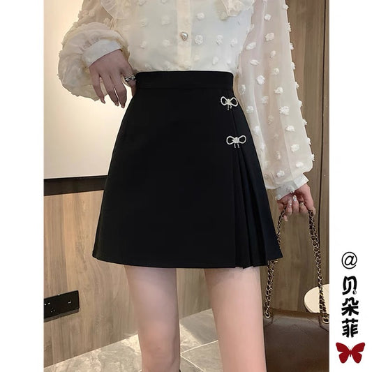Black suit skirt women's autumn 2022 new high waist a-line pleated skirt small person slim wrap hip skirt