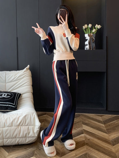 European sports and leisure suit women's autumn and winter fashion western style age reduction high-end fleece sweater wide-leg pants two-piece set