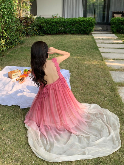 Yunnan Lijiang Travel Photo Beach Dress Sanya Vacation Suspender Dress Pink Gradient Chiffon Dress Super Fairy
