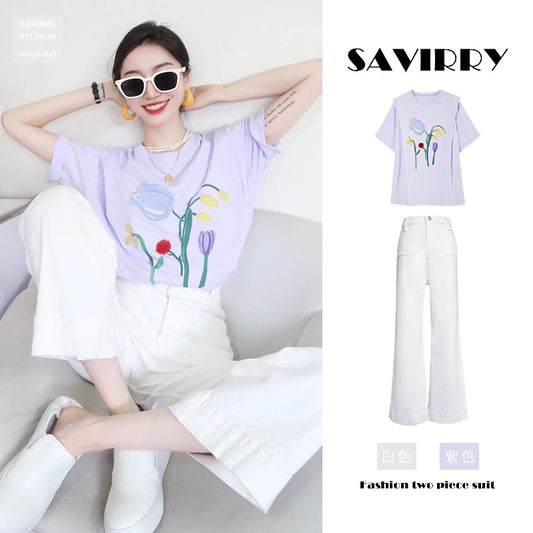 Summer new pear-shaped wear a whole set of large size, slightly fat, thin, covering meat, playful, lively and age-reducing two-piece suit for women