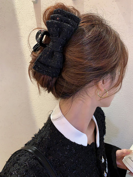 French high-quality tweed sequined bow clip female autumn and winter large back head dish hair headdress hair clip shark