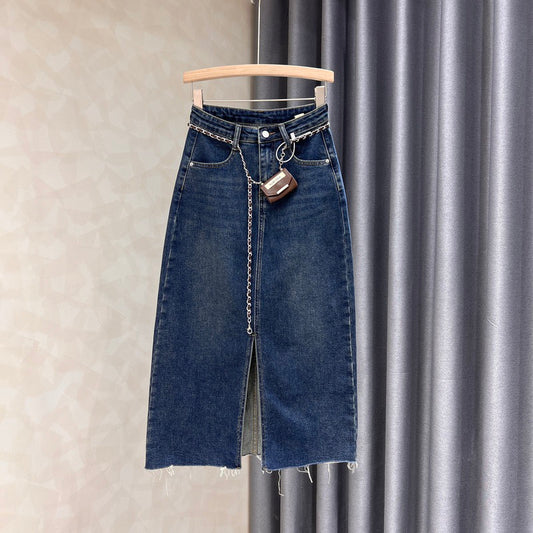 Raw edge slit denim skirt women's autumn new solid color all-match age-reducing slim retro high waist bag hip dress