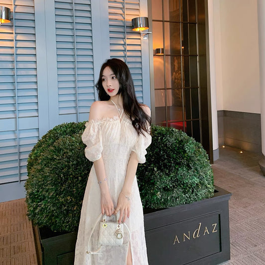 ByYou summer white halterneck lace dress feminine sexy one-shoulder puff sleeves waist mid-length skirt 1165