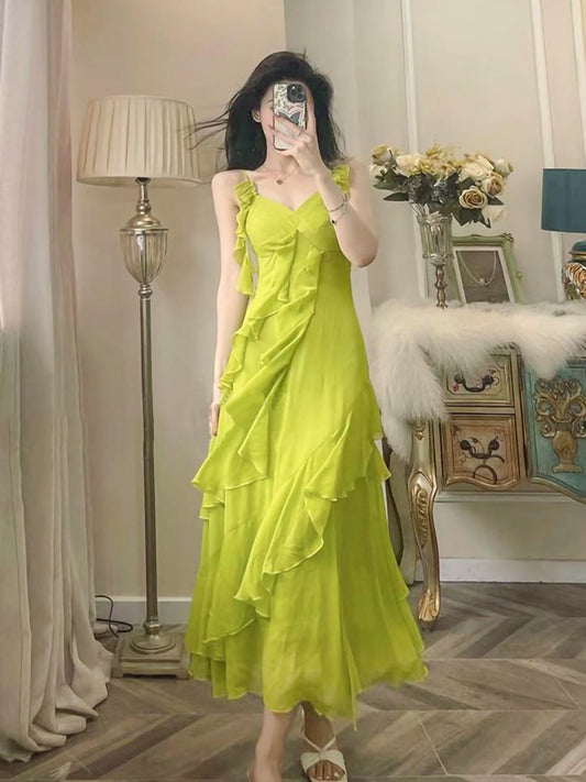 Seaside holiday ruffles green suspender dress high-quality French temperament beautiful long skirt women's summer