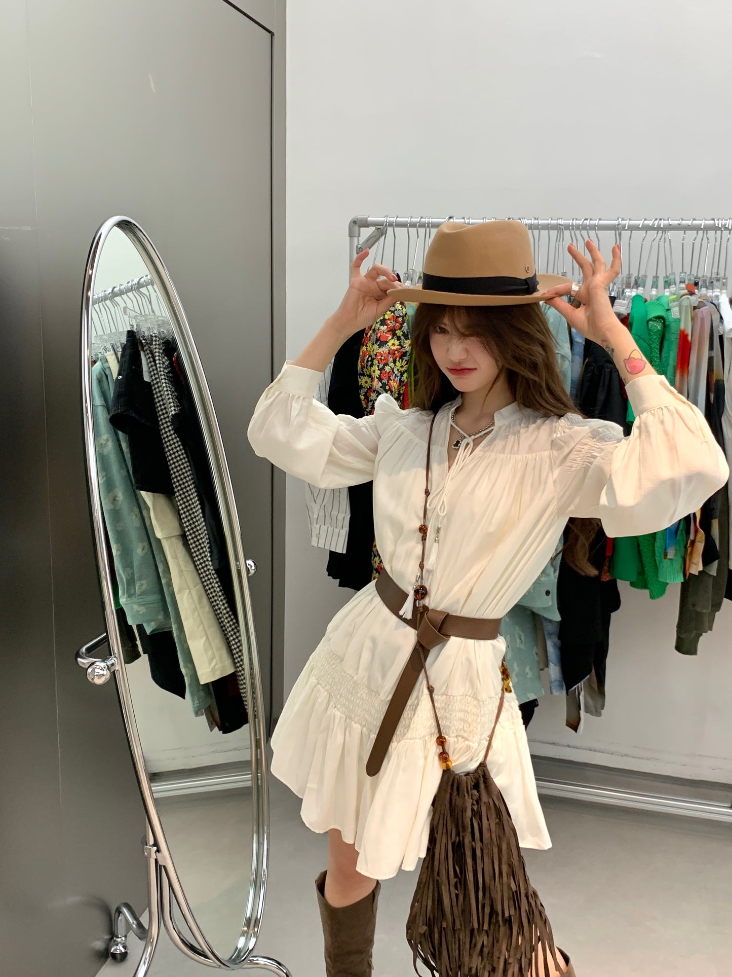 Buckwheat Qiaoqiao "Arrogant Princess" French pleated high-end sweet fairy mid-length dress with belt