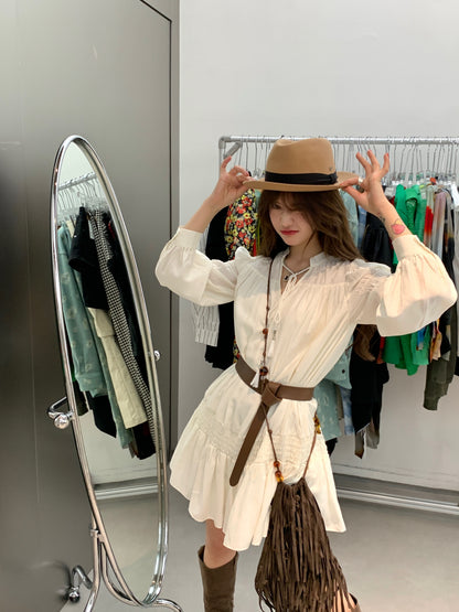 Buckwheat Qiaoqiao "Arrogant Princess" French pleated high-end sweet fairy mid-length dress with belt