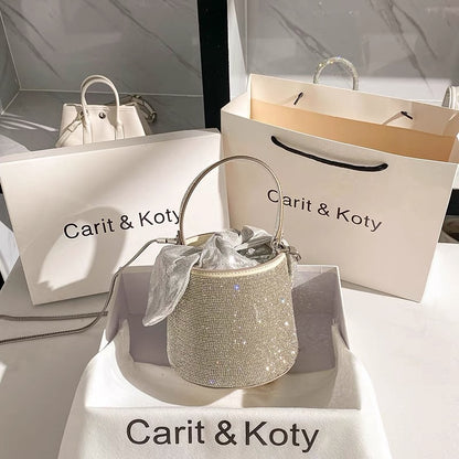 Niche design rhinestone bag 2021 new trendy fashion diamond bow bucket bag chain bag one shoulder messenger