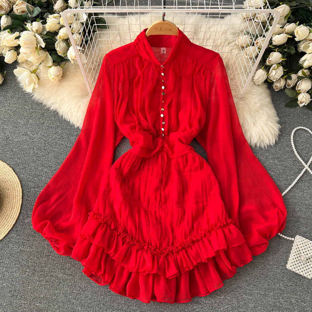 Spring and Autumn French Sweet Temperament Dress Female Waist Slim Chic Ruffles Stand Collar Princess Fairy Petit Skirt