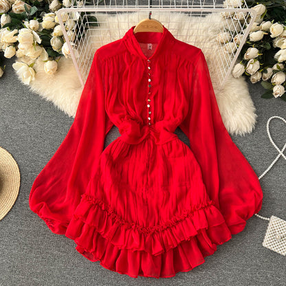 Spring and Autumn French Sweet Temperament Dress Female Waist Slim Chic Ruffles Stand Collar Princess Fairy Petit Skirt